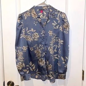 VINCE CAMUTO floral satin blouse with puff sleeves